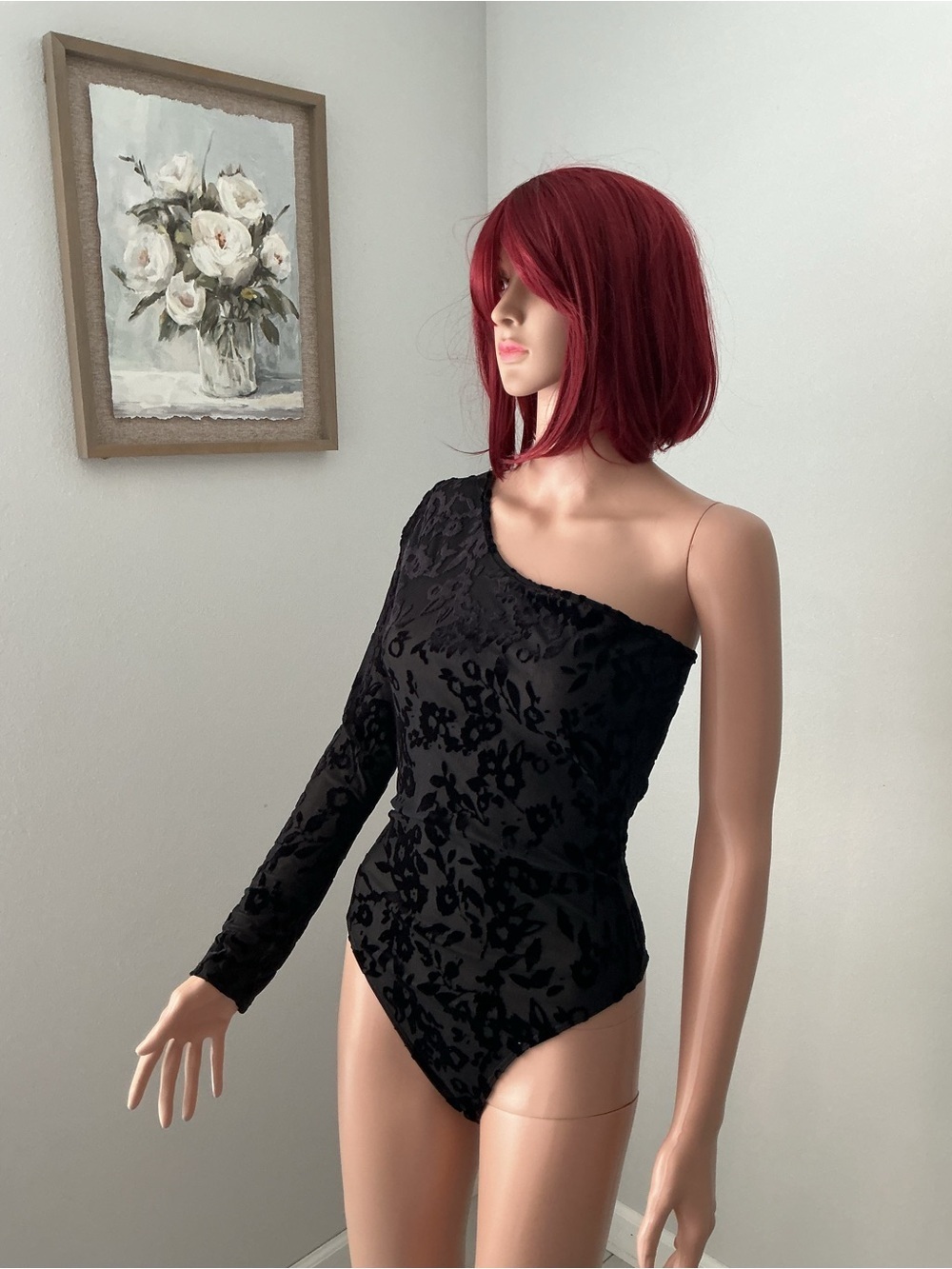 Lulu's Black One-Shoulder Velvet Burnout Bodysuit